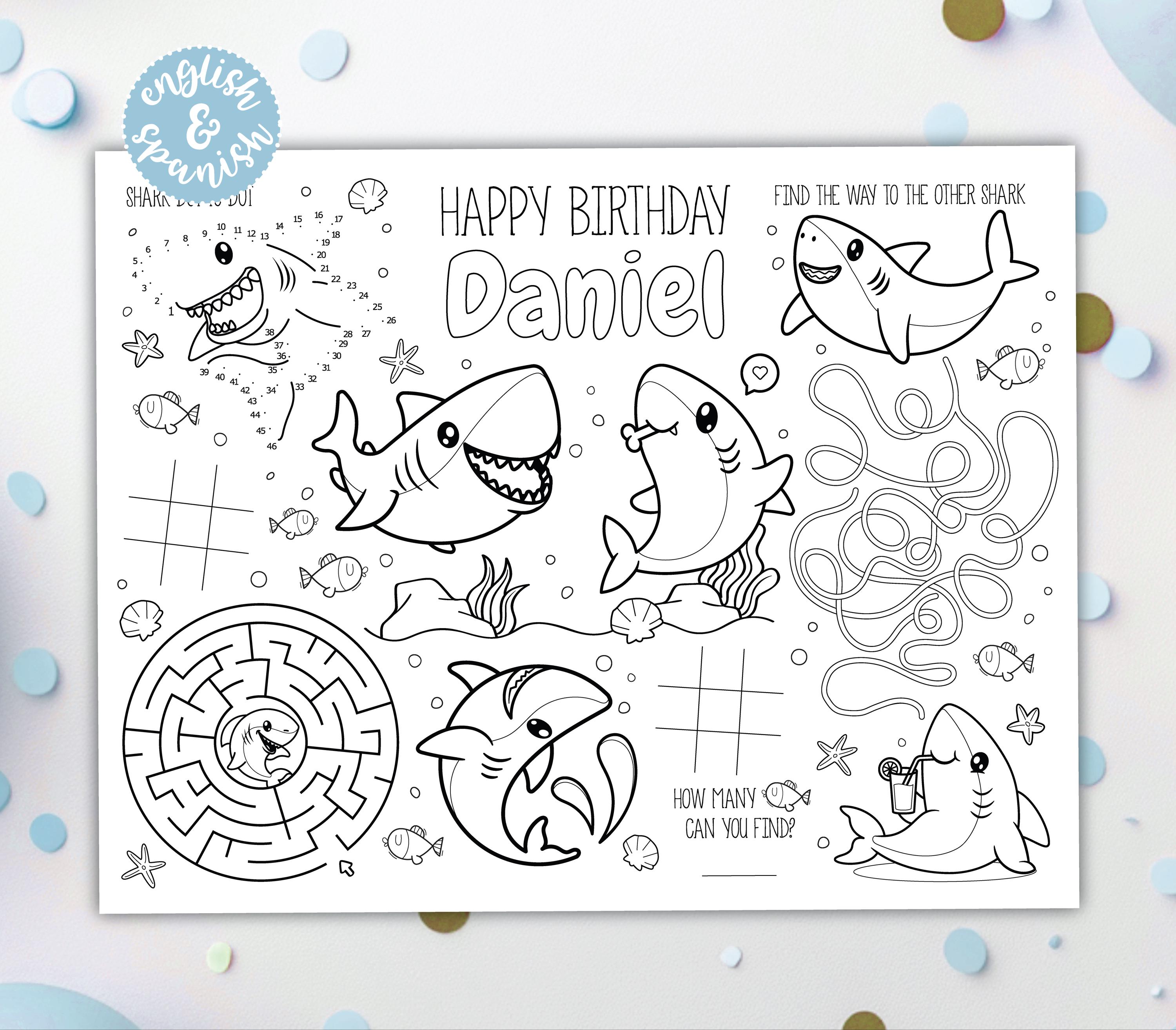 Shark Coloring Placemat DIGITAL | Underwater Party Activity Sheet | Kids Coloring Page | EDITABLE Printable File Download
