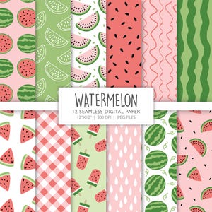 Papel digital sin costuras con diseño de sandía / Patrón de fondo de verano tropical / Páginas para álbumes de recortes de frutas / Archivo imprimible / Descarga instantánea