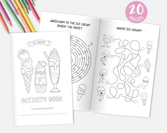 Libro di attività per bambini sul gelato DIGITALE / Foglio di attività per feste del camioncino dei gelati / File stampabile del libro da colorare per bambini / Download istantaneo A103