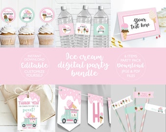 Op de afbeelding: Printbare ijsfeestpakket met 6 items, waaronder cupcaketoppers, waterfleslabels, een bedankkaartje, een banner en rietjesvlaggen. Het thema is roze en groen met ijshoorns en een schattig ijsbusje.