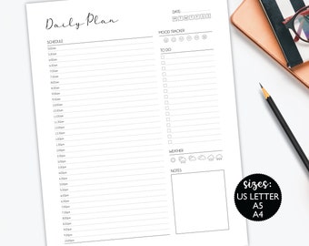 May include: A black and white printable daily planner with sections for schedule, to do list, mood tracker, weather, and notes. The planner is available in US Letter, A5, and A4 sizes.