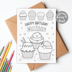 Carte d'anniversaire à colorier Cupcake NUMÉRIQUE | Carte de voeux à colorier pour enfants | Téléchargement instantané | Téléchargement de fichier imprimable MODIFIABLE