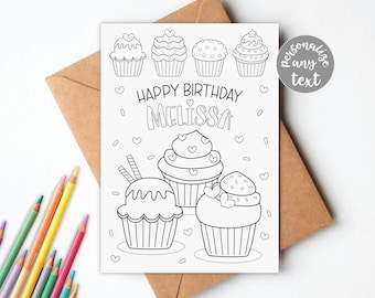 Cupcake Birthday Coloring Card DIGITAL | Colouring Greeting Card for Kids | Instant Download | EDITABLE Printable File Download