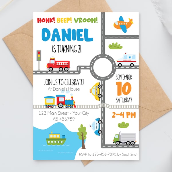 Transportation Birthday Invitation DIGITAL | Transport Party | Vehicles Personalized Invite | Editable and Printable File Download A112