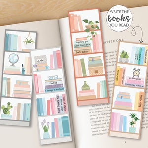 Könnte beinhalten: Satz von zehn bunten Lesezeichen mit Illustrationen von Bücherregalen mit verschiedenen Büchern und Pflanzen. Die Lesezeichen sind so konzipiert, dass sie Ihnen helfen, Ihren Leseprozess zu verfolgen und Ihren Büchern eine persönliche Note zu verleihen.