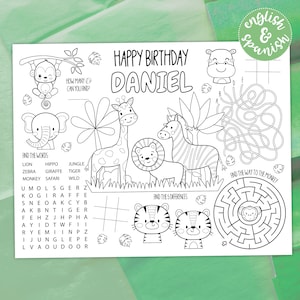 Jogo americano para colorir Safari DIGITAL | Folha de atividades para festas de animais selvagens | Página para colorir de crianças | Download de arquivo para impressão EDITÁVEL