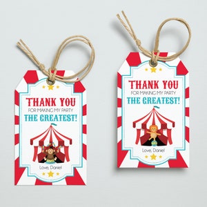 Circus verjaardag bedanktag digitaal | Bedankkaartje carnavalsfeestje | Gepersonaliseerde cadeaulabel | BEWERKBAAR afdrukbaar bestand downloaden A102