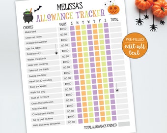 Halloween Allowance Tracker for Kids DIGITAL | Spooky Weekly Money Reward | Kids Chore Chart Page | EDITABLE Printable File Download