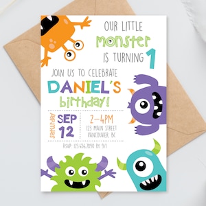 Faire-part d&#39;anniversaire monstre NUMÉRIQUE | Notre fête des petits monstres | Faire-part personnalisé monstre | Fichier imprimable modifiable à télécharger A105