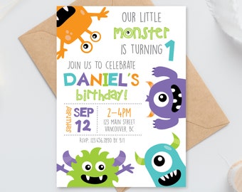 Monster verjaardagsuitnodiging digitaal | Ons kleine monsterfeest | Gepersonaliseerde monsteruitnodiging | Bewerkbaar afdrukbaar bestand downloaden A105