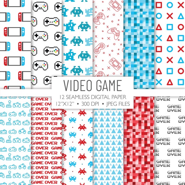 Video Game Seamless Digital Paper |  Red and Blue Gamer Background Pattern | Scrapbook Pages | Printable File | Instant Download A127