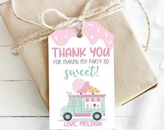 May include: White thank you tag with pink and green ice cream truck graphic. The tag says "Thank you for making my party so sweet! Love, Melissa".