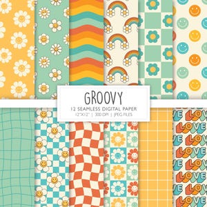 Papel digital sin costuras con estilo / Patrón de fondo retro vintage / Páginas de álbum de recortes de margaritas sonrientes / Archivo imprimible / Descarga instantánea