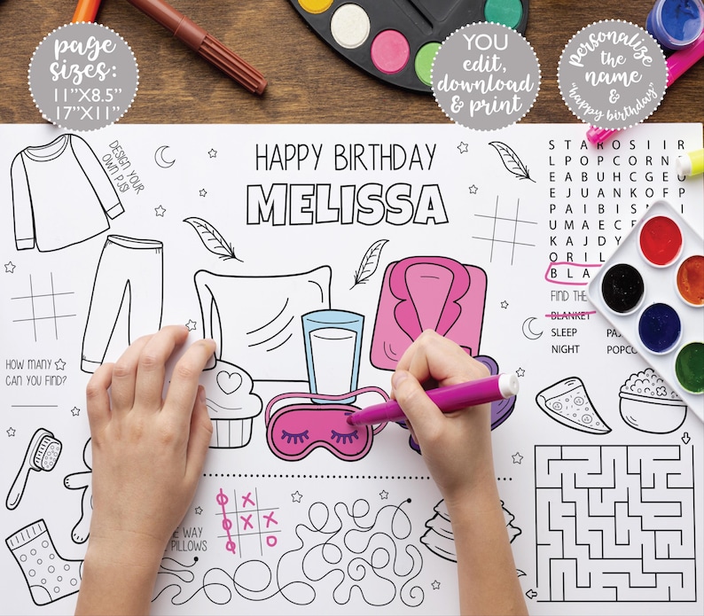 Pajama Party Coloring Placemat DIGITAL | Slumber Party Activity Sheet ...