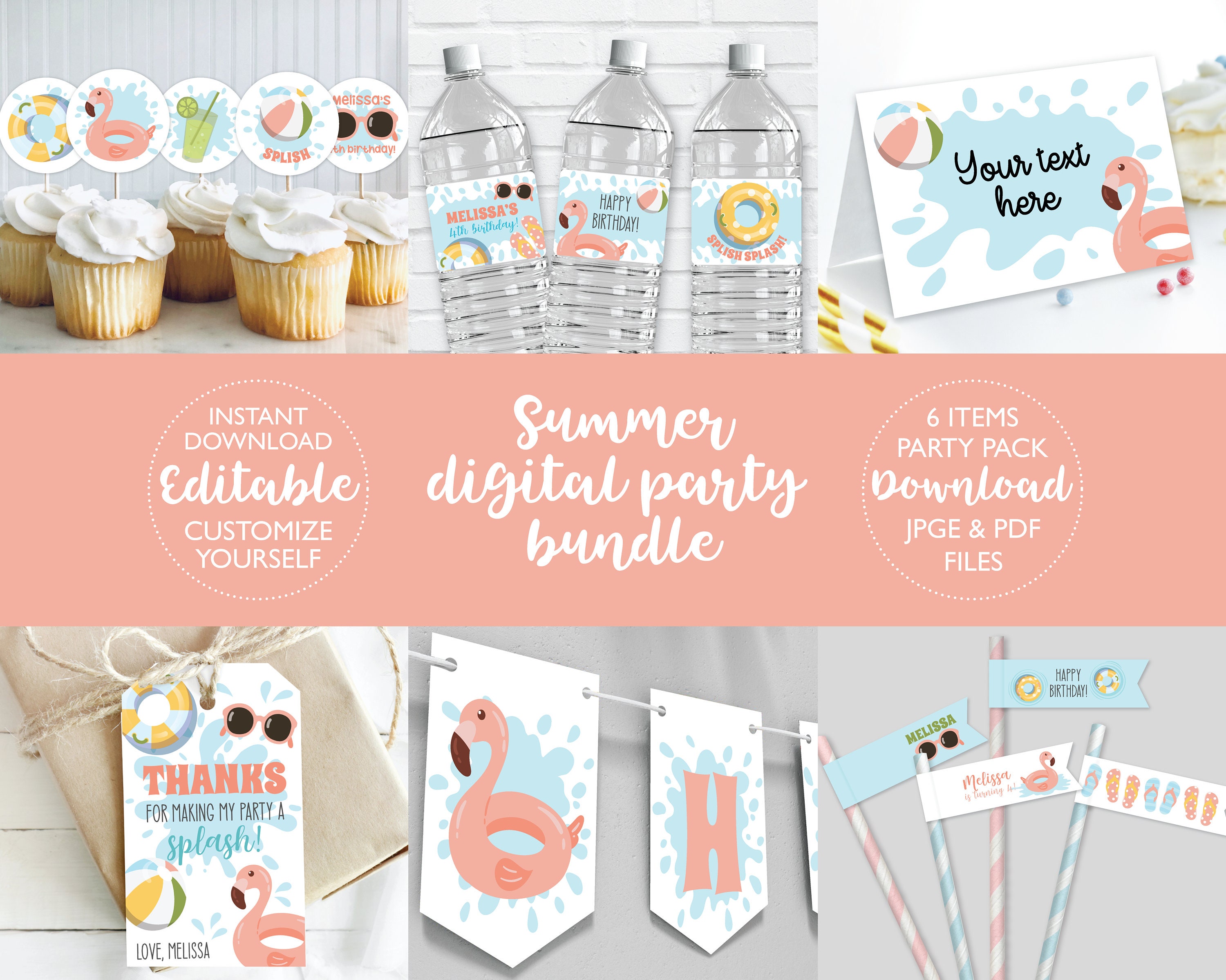 Pool Party Pack Pool Party Birthday Kit DIGITAL | Beach Summer Pink Party Bundle Set ...