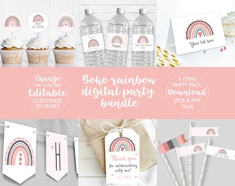 Boho Rainbow Birthday Party Kit DIGITAL | Rainbow Party Bundle Set | Personalized Party Pack | EDITABLE Printable File Download A111