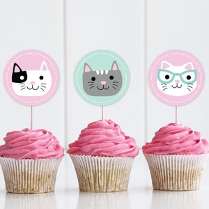 Kitten Birthday Cupcake Toppers DIGITAL Cat Party Decoration Kitty Printable File EDITABLE Instant Download A101 image 1