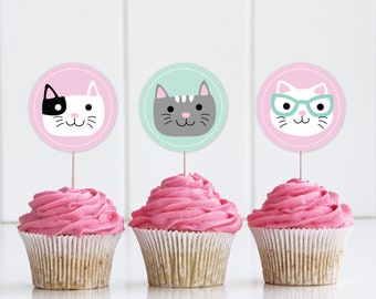 Kitten Birthday Cupcake Toppers DIGITAL | Cat Party Decoration | Kitty Printable File | EDITABLE Instant Download A101