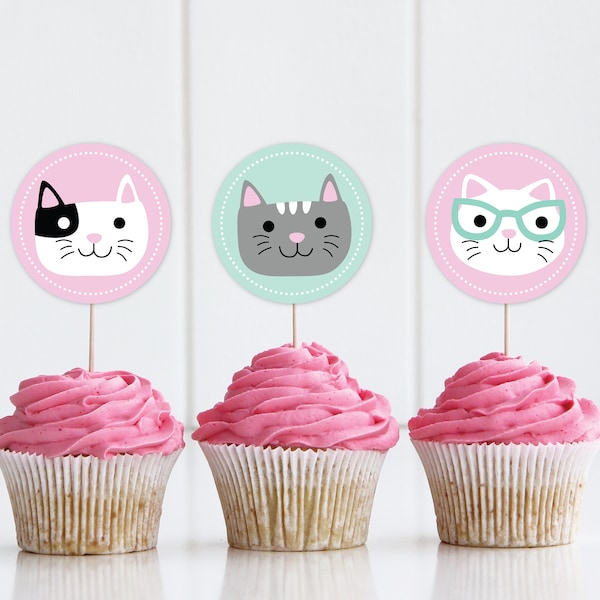 Kitten verjaardag Cupcake Toppers DIGITAAL | Kattenfeestdecoratie | Kitty afdrukbaar bestand | BEWERKBARE Instant Download A101