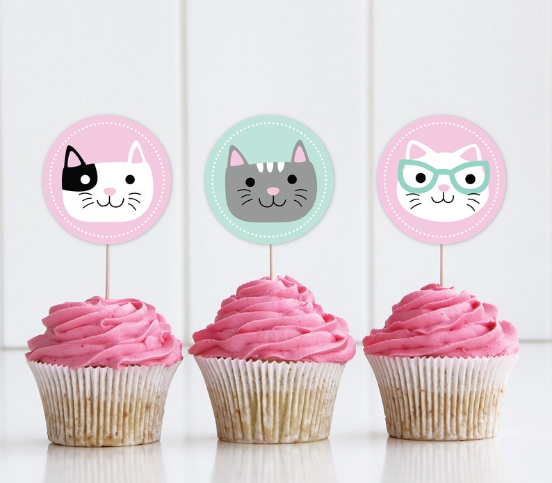 Kitten Birthday Cupcake Toppers DIGITAL Cat Party Decoration Kitty Printable File EDITABLE Instant Download A101 image 1