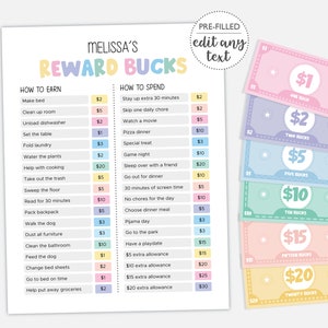 Reward Bucks per bambini DIGITALE / Sistema di ricompensa / Soldi finti / Pagina della tabella delle faccende / File stampabile MODIFICABILE Scarica F101