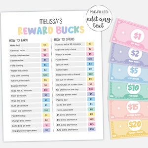 Reward Bucks for Kids DIGITAL | Reward System | Play Money | Chore Chart Page | EDITABLE Printable File Download F101