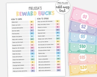 Reward Bucks for Kids DIGITAL | Reward System | Play Money | Chore Chart Page | EDITABLE Printable File Download F101