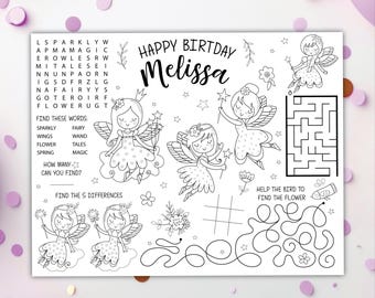 Fairy Coloring Placemat DIGITAL | Party Activity | Kids Coloring Page | EDITABLE Printable File Download