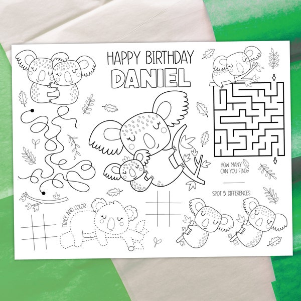 Koala Coloring Placemat DIGITAL | Cute Party Activity | Kids Coloring Page Printable File | EDITABLE Printable File Download