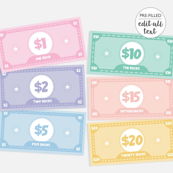 Editable Play Money DIGITAL | Kids Reward System | Pretend Money | Chore and Behavior Bucks Page | EDITABLE Printable File Download F101