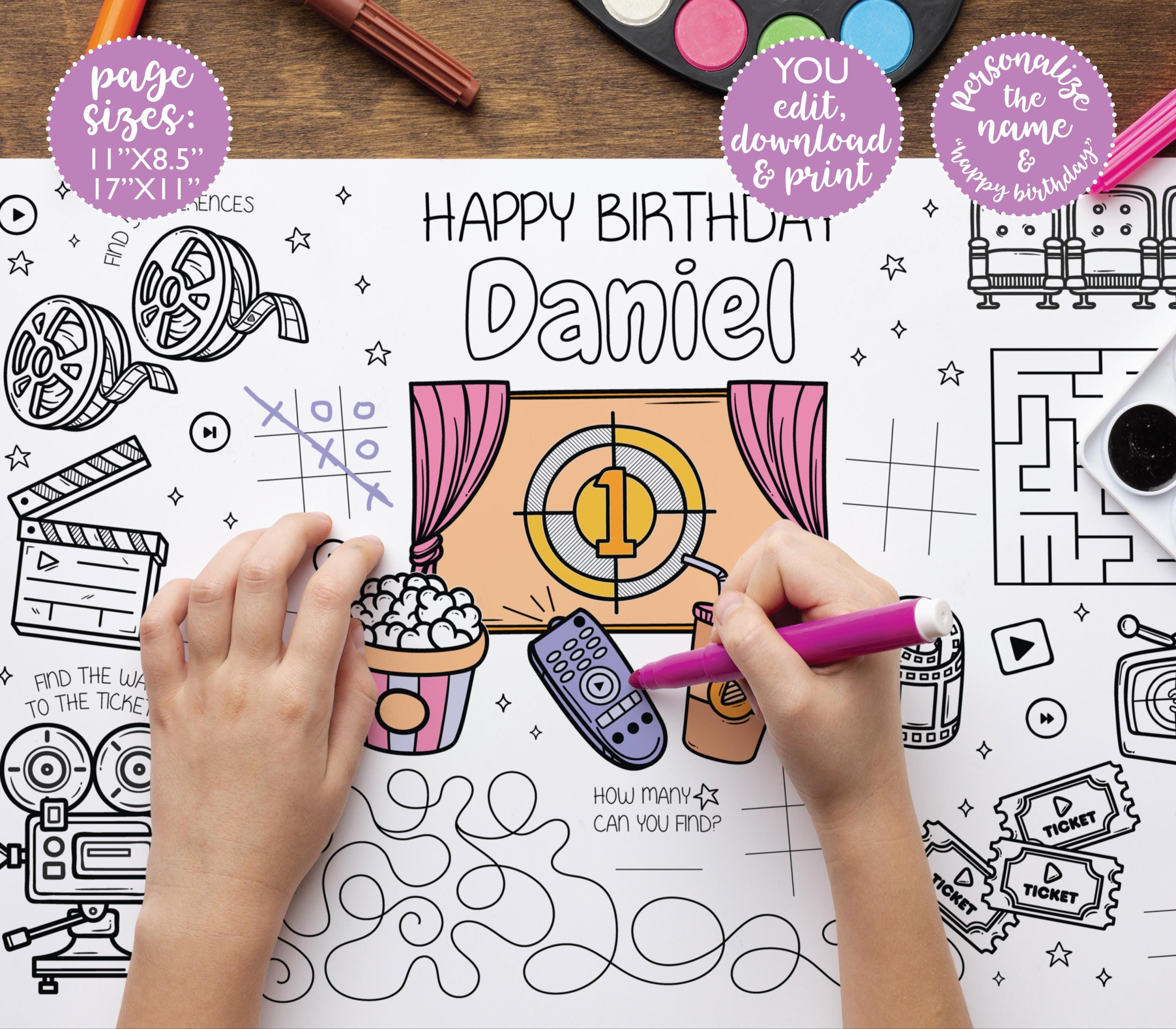 Movie Night Coloring Placemat DIGITAL | Cinema Party Activity Sheet ...