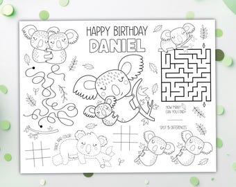 Koala Coloring Placemat DIGITAL | Cute Party Activity | Kids Coloring Page Printable File | EDITABLE Printable File Download