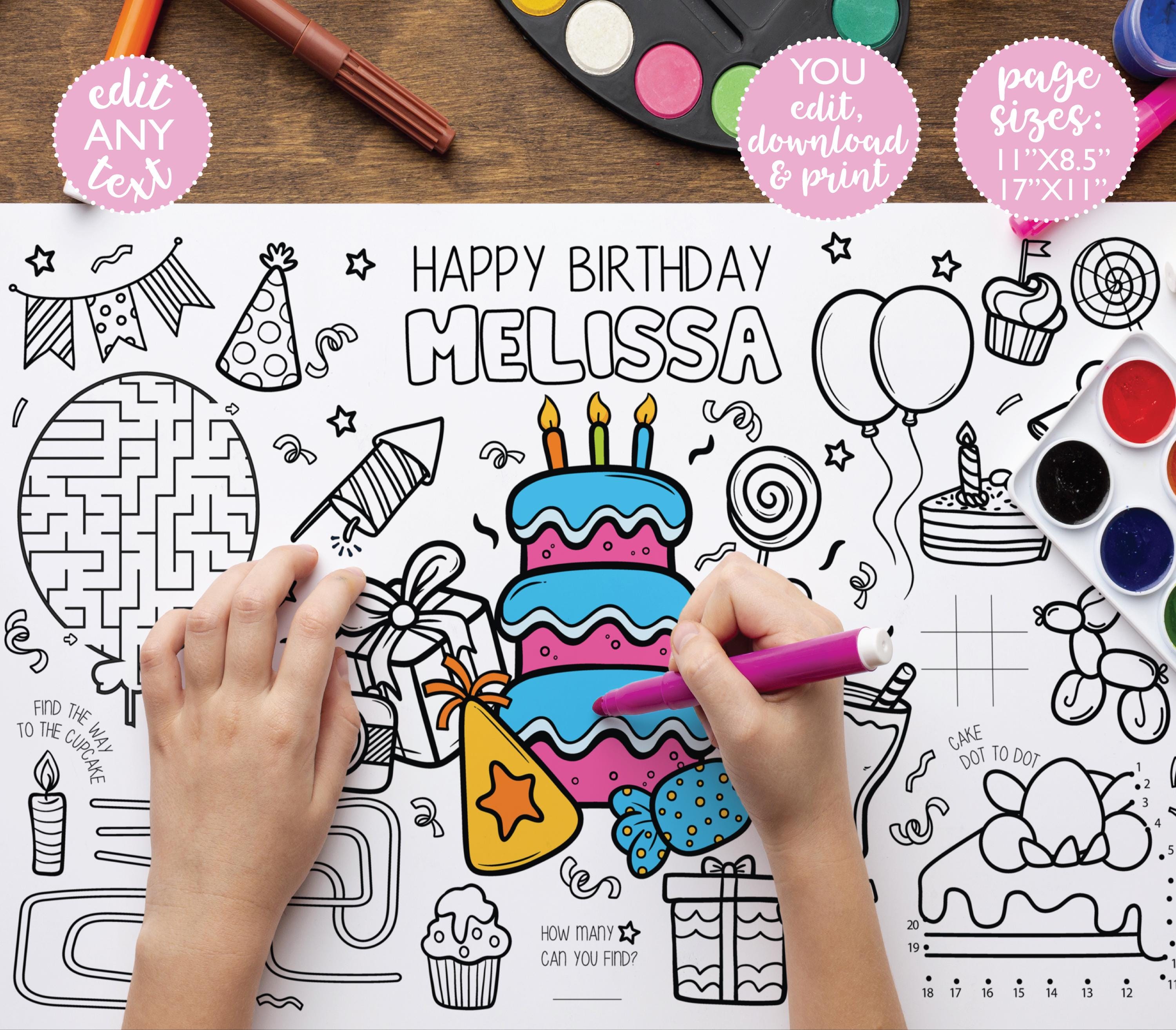 Birthday Coloring Placemat DIGITAL | Happy Birthday Party Activity ...