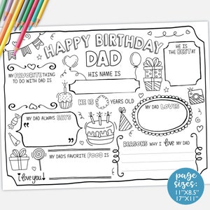 Joyeux anniversaire papa à colorier NUMÉRIQUE | Feuille à remplir Tout sur papa | Fichier imprimable activité anniversaire des pères | Téléchargement instantané