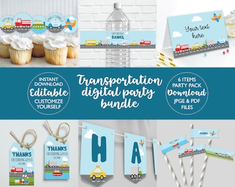 May include: A digital party pack with a transportation theme. The pack includes a banner, cupcake toppers, water bottle labels, favor tags, and straw flags. The colors are blue, yellow, red, and green. The text on the banner says "Happy Birthday Daniel".
