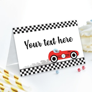 Tentkaarten verjaardag raceauto DIGITAAL | Blanco voedseletiket vintage autofeest | Formule 1 afdrukbaar bestand | BEWERKBARE Directe download A110