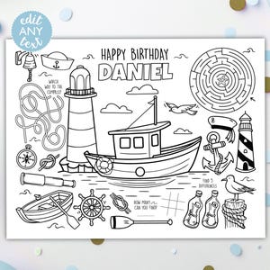 May include: Black and white nautical-themed coloring page with the text "Happy Birthday Daniel". Features a boat, lighthouse, maze, compass, and other maritime elements. Includes the text "edit ANY text".