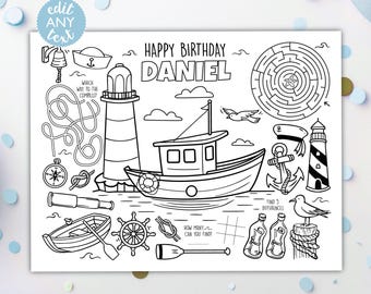 Nautical Coloring Placemat DIGITAL | Fish Party Activity Sheet | Boat Kids Coloring Page | EDITABLE Printable File Download