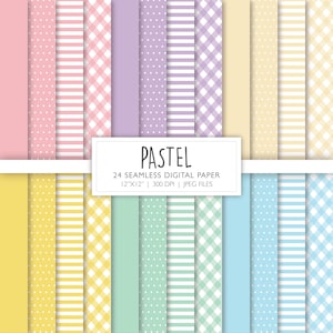 May include: A set of 24 digital paper patterns in pastel colours. The patterns include gingham, polka dots, stripes, and solid colours. The papers are 12 inches by 12 inches and 300 DPI.