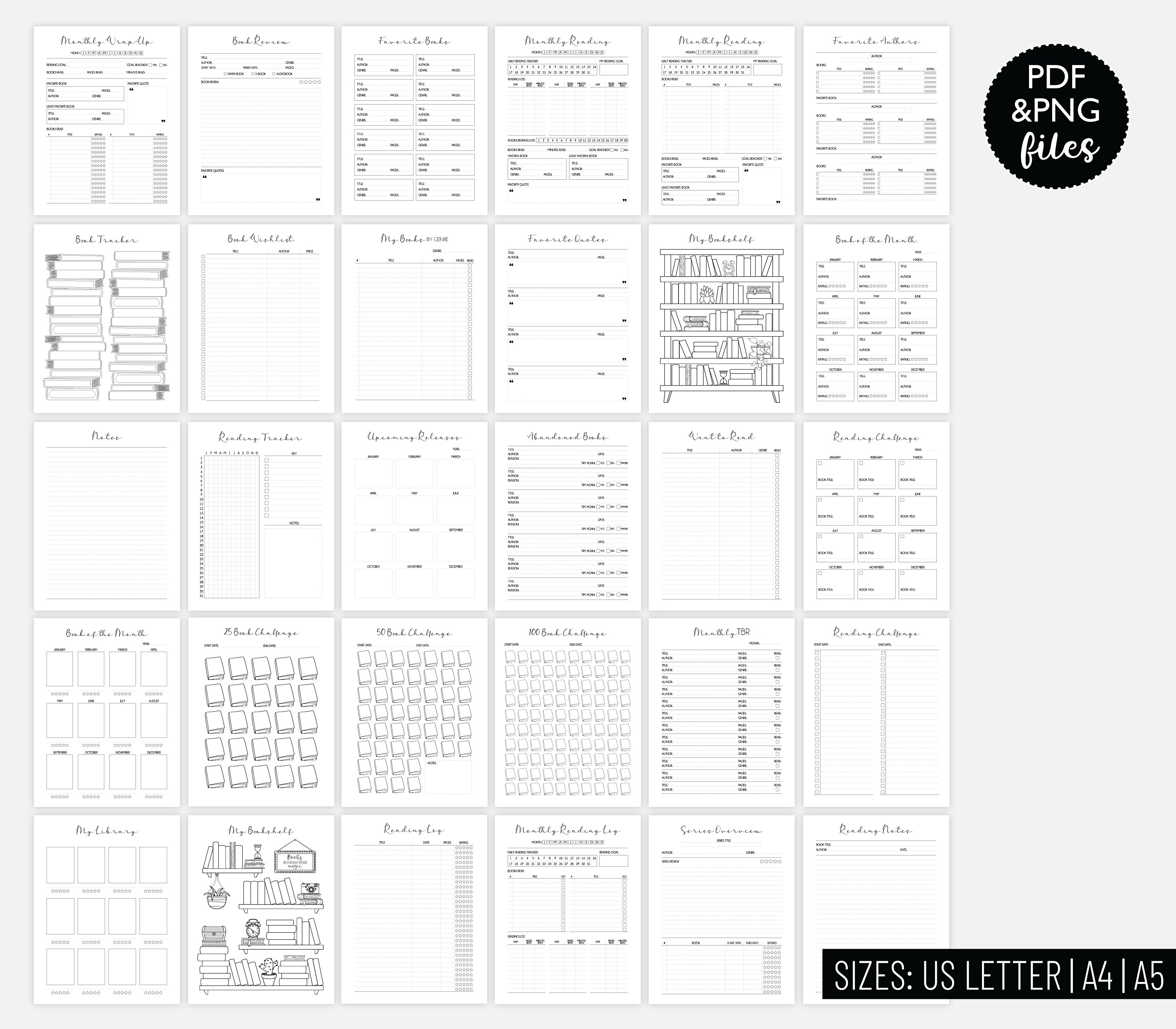 Book Reading Journal Bundle | Minimalist Planner Set | Digital Reading ...