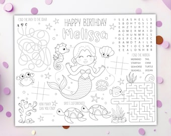 Mermaid Coloring Placemat DIGITAL | Sea Life Party Activity | Kids Coloring Page | EDITABLE Printable File Download A104