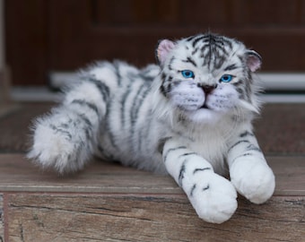 In stock! Realistic white tiger cub plush, lifelike stuffed white tiger plush replica, lifelike stuffed pet, realistic stuffed animal tiger