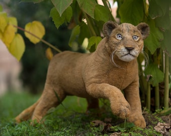 Realistic stuffed lioness plush replica, lifelike lion plush, stuff lion plush portrait, real animal plush, ooak lion toy, lion lover gift