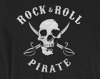 Rock & Roll Pirate T-shirt - Awesome Gift tee - Skull with crossed swords - Old-school distressed print style - Short-Sleeve Unisex T-Shirt