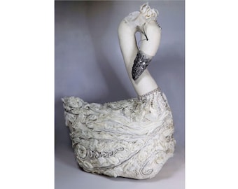 Beautiful Swan Art Doll with sequin beak and fabric feathers. Handmade stuffed Fabric Sculpture. Home decor.