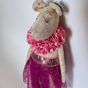 Mouse rag doll with silk ruffled collar and sparkly pink dress. Handmade mouse heirloom doll. Soft fabric stuffed animal toy.
