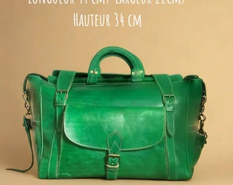 Sac de Voyage, Sac de Weekend, Sac Polochon en Cuir Marocain, Sac Vert