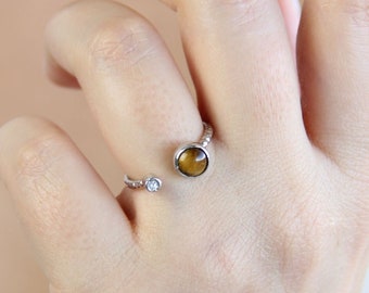 Adjustable Tiger's Eye Ring: Boho 925 Sterling Silver Stacking Ring