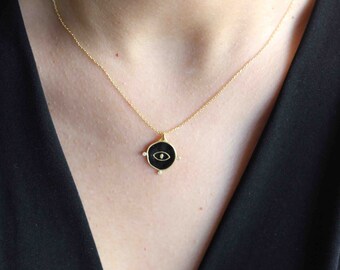 Gold Evil Eye Pendant Necklace, Dainty Evil Eye Protection Charm Necklace, Handmade Minimal Gifts for Her