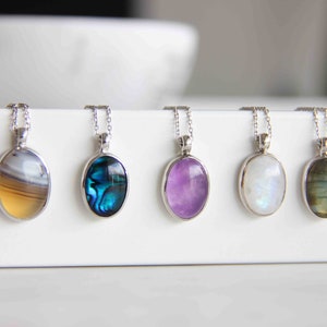 Silver Gemstone Pendant Necklace 925 Sterling Silver Chain Necklace Stacking Minimal Gemstone Necklace Handmade Jewelry Gifts for Mom Friend